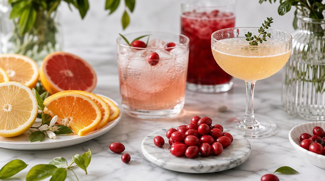 Small oval bright-red miracle berries arranged with citrus and artisan beverages on a white marble surface