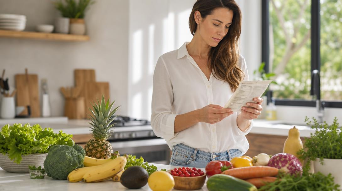 Woman reading a nutrition label in a bright kitchen with fresh fruits and miracle berries on the counter