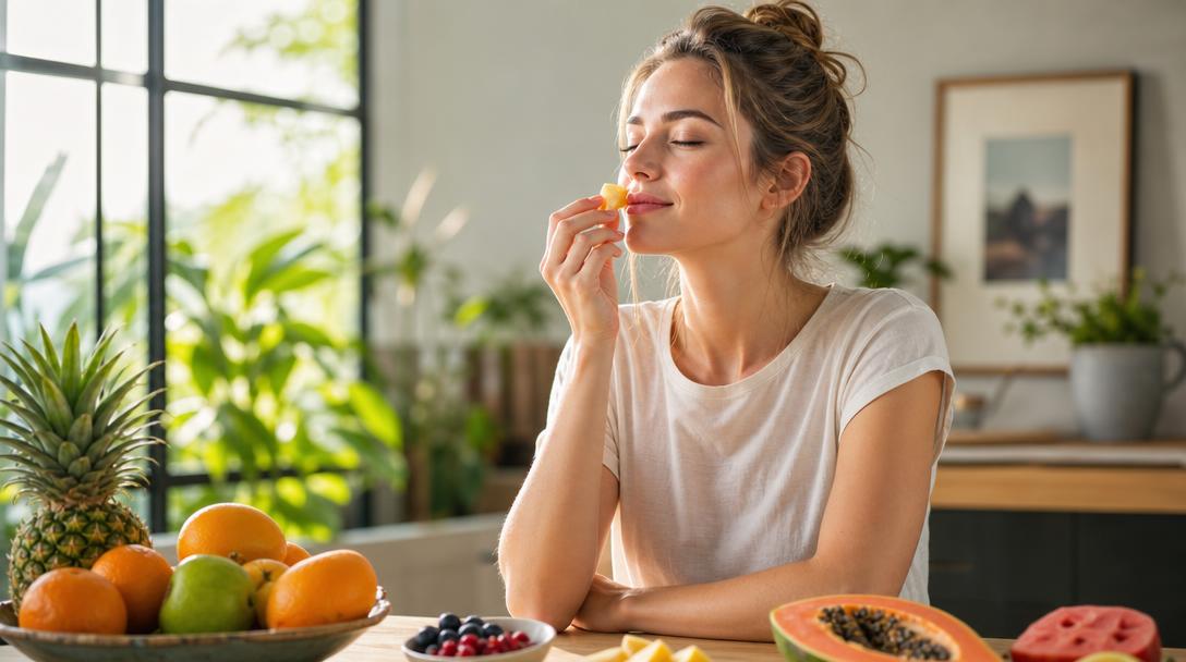 Woman savoring a piece of fruit at a wooden table, eyes closed in enjoyment, surrounded by colorful fresh fruits