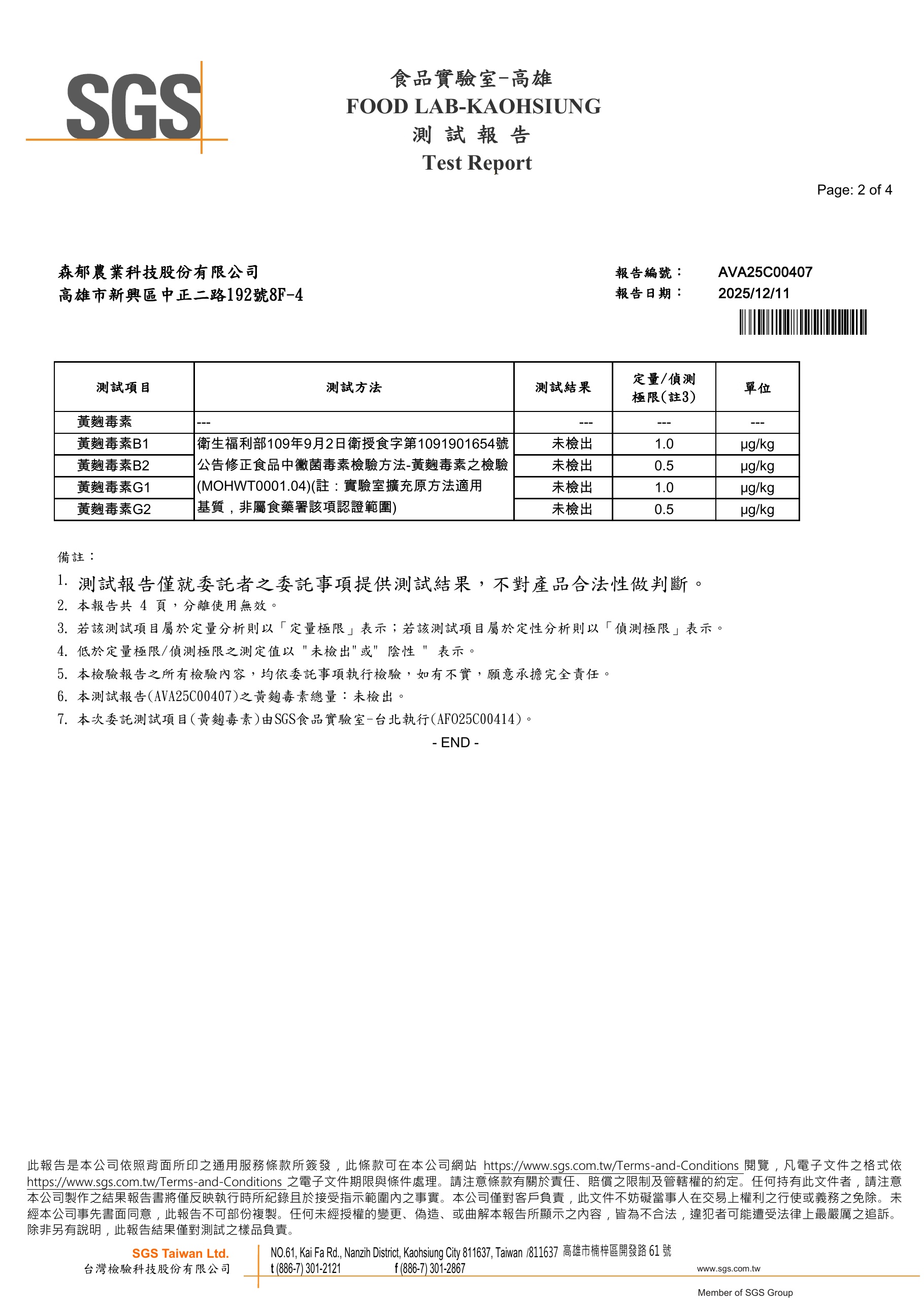 SGS 黃麴毒素檢驗報告