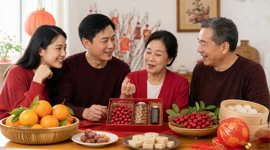過年餐桌上擺放著神秘果禮盒與柑橘年糕等年節食物，家人圍桌好奇體驗味覺轉換