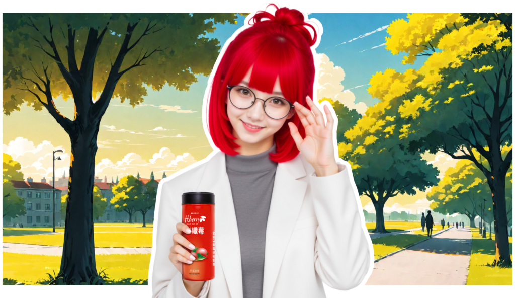 REBO 扶著眼鏡,手拿康纖莓