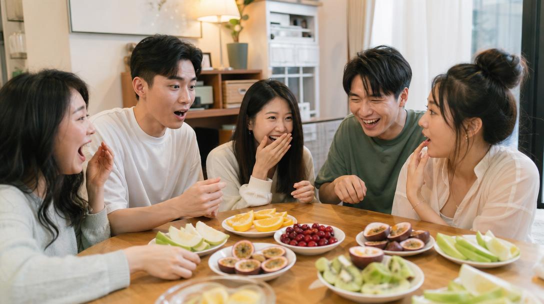 台灣朋友聚會圍坐桌旁體驗神秘果味覺遊戲，桌上擺滿檸檬、百香果等酸味食材