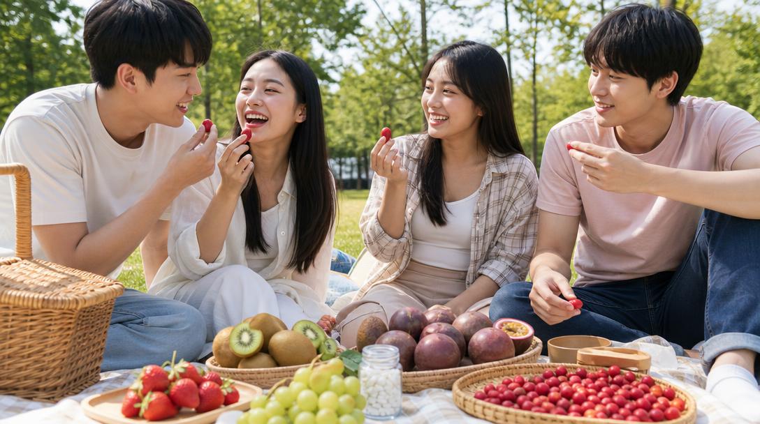 台灣年輕人在戶外野餐，桌上擺著奇異果、草莓、百香果與神秘果錠，享受無糖甜感體驗